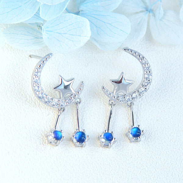 Ladies Moon Star Silver Blue Moonstone Stud Earrings June Birthstone Earrings For Women Beautiful