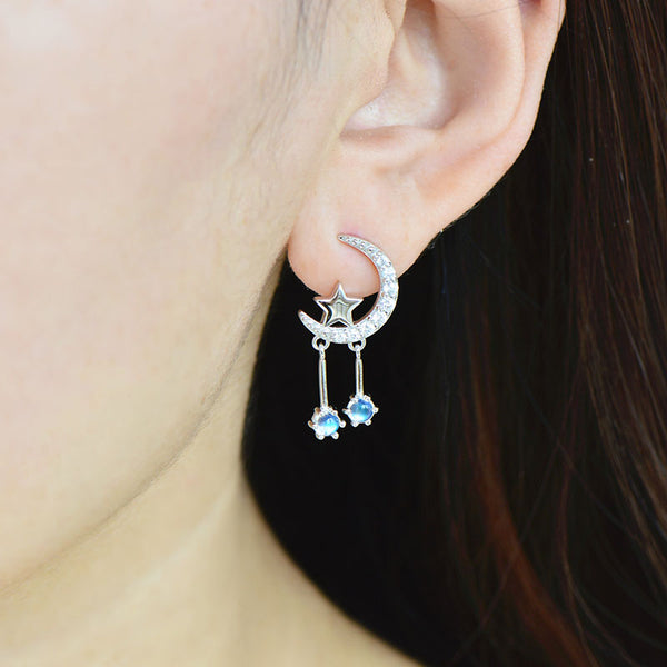 Ladies Moon Star Silver Blue Moonstone Stud Earrings June Birthstone Earrings For Women Chic