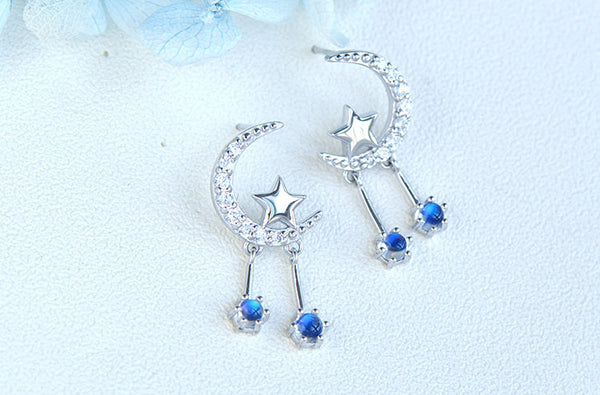 Ladies Moon Star Silver Blue Moonstone Stud Earrings June Birthstone Earrings For Women Cool