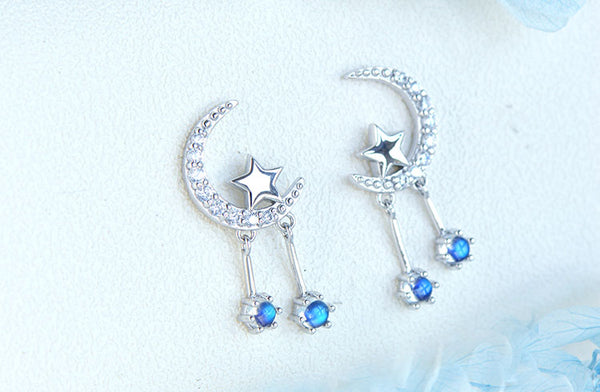 Ladies Moon Star Silver Blue Moonstone Stud Earrings June Birthstone Earrings For Women Cute
