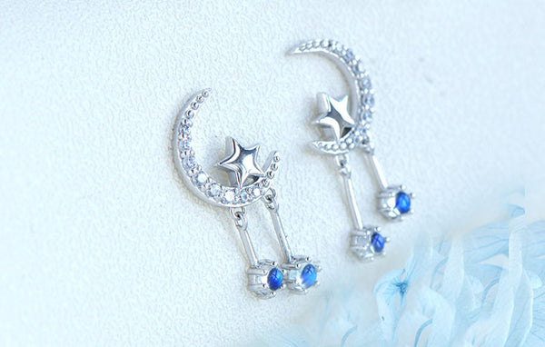 Ladies Moon Star Silver Blue Moonstone Stud Earrings June Birthstone Earrings For Women