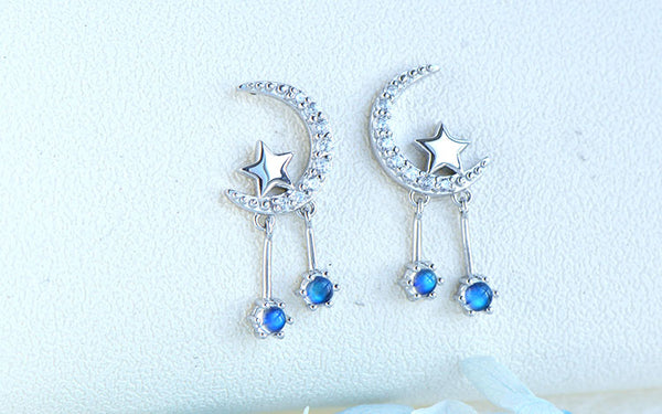 Ladies Moon Star Silver Blue Moonstone Stud Earrings June Birthstone Earrings For Women Nice