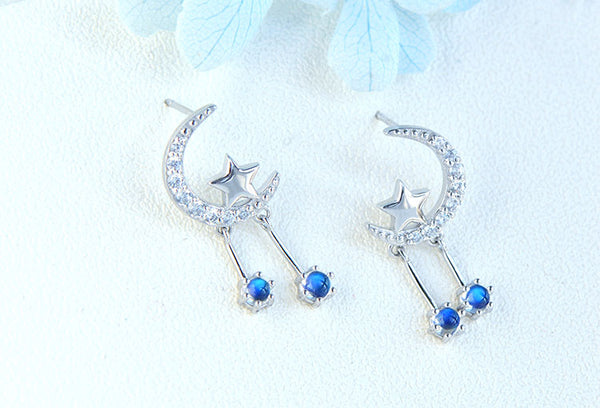 Ladies Moon Star Silver Blue Moonstone Stud Earrings June Birthstone Earrings For Women Online
