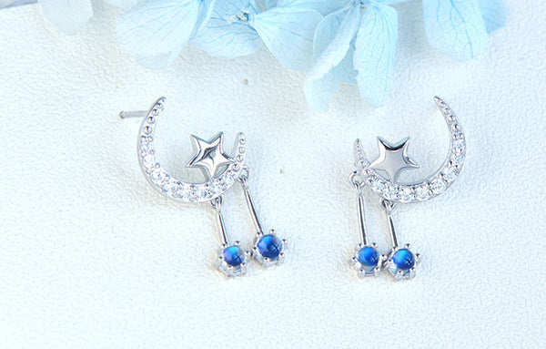 Ladies Moon Star Silver Blue Moonstone Stud Earrings June Birthstone Earrings For Women Stylish