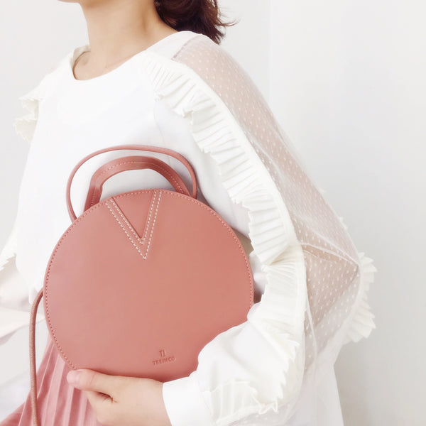 Ladies Pink Leather Crossbody Bags Women Shoulder Bag Circle Bag