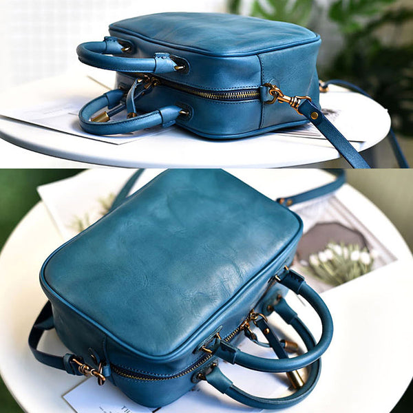 Ladies Small Cube Bag Blue Leather Handbag Crossbody Purse for Women Genuine Leather