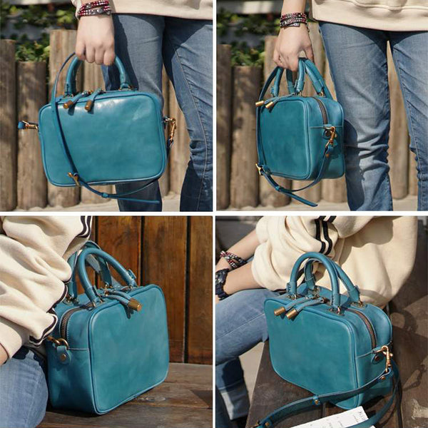 Ladies Small Cube Bag Blue Leather Handbag Crossbody Purse for Women Minimalist