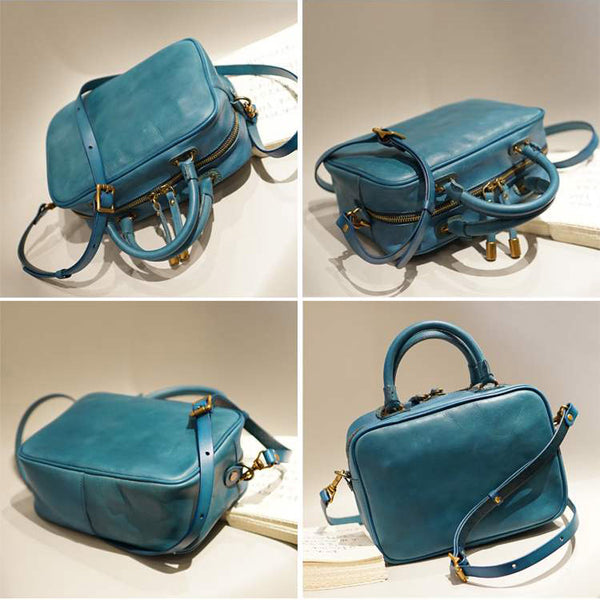 Ladies Small Cube Bag Blue Leather Handbag Crossbody Purse for Women Original