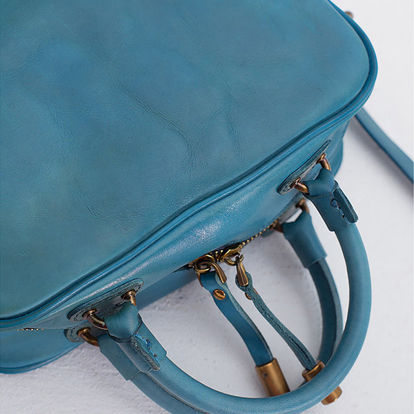 Ladies Small Cube Bag Blue Leather Handbag Crossbody Purse for Women Vintage