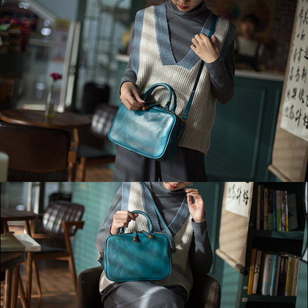 Ladies Small Cube Bag Blue Leather Handbag Crossbody Purse for Women Unique