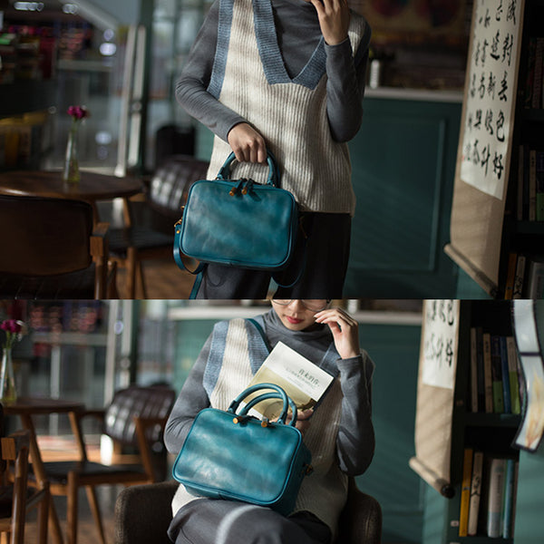 Ladies Small Cube Bag Blue Leather Handbag Crossbody Purse for Women stylish