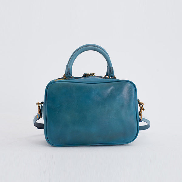 Ladies Small Cube Bag Blue Leather Handbag Crossbody Purse