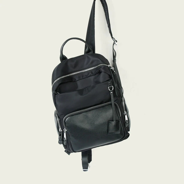 Women's Black Nylon Backpack With Leather Black Bookbag For Women