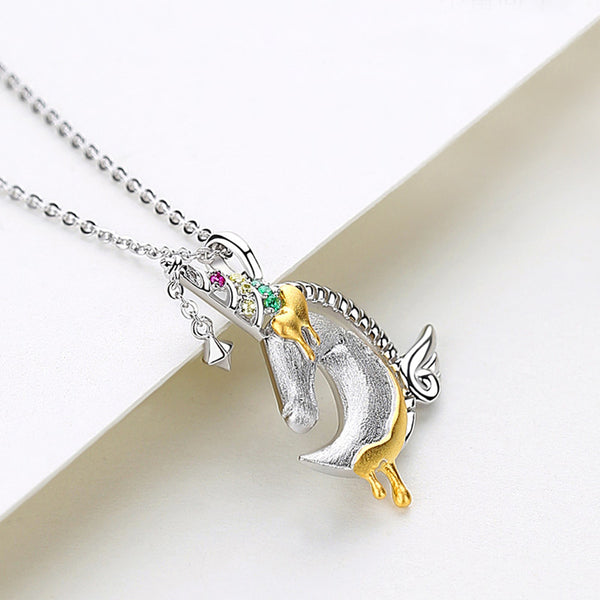 Ladies Sterling Silver Unicorn Moonstone Topaz Pendant Necklace June Birthstone Jewelry for Women charm