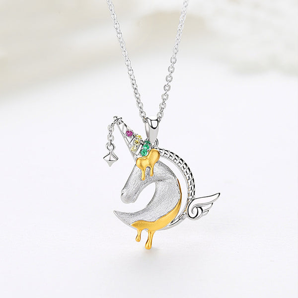 Ladies Sterling Silver Unicorn Moonstone Topaz Pendant Necklace June Birthstone Jewelry for Women fashionable