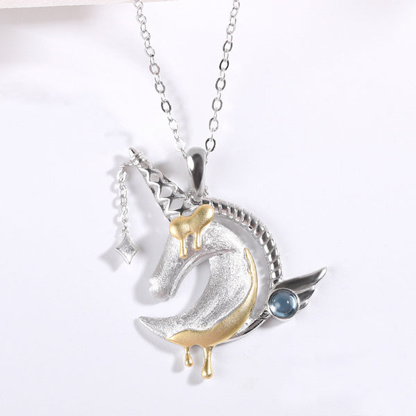 Ladies Sterling Silver Unicorn Moonstone Topaz Pendant Necklace June Birthstone Jewelry for Women