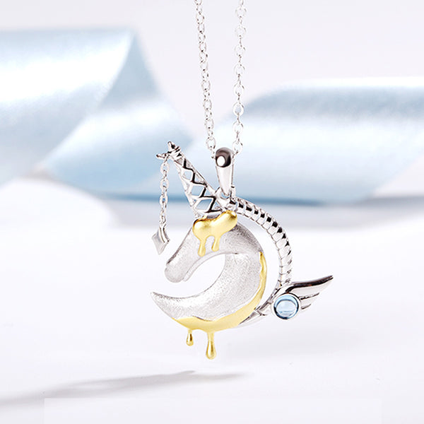 Ladies Sterling Silver Unicorn Moonstone Topaz Pendant Necklace June Birthstone Jewelry for Women