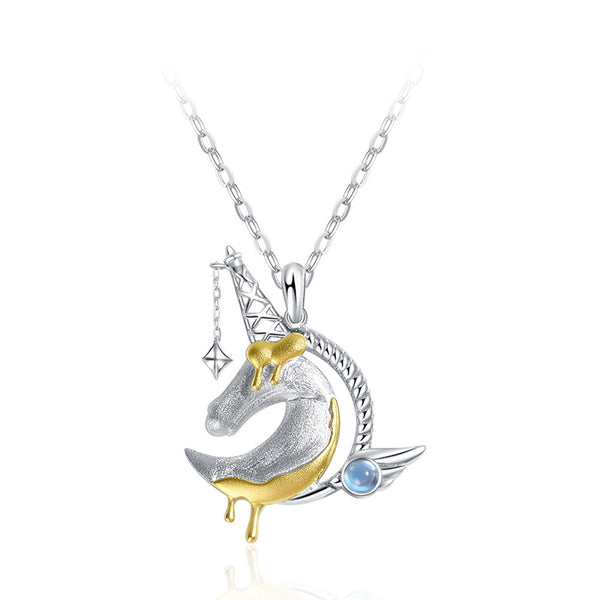 Ladies Sterling Silver Unicorn Moonstone Topaz Pendant Necklace