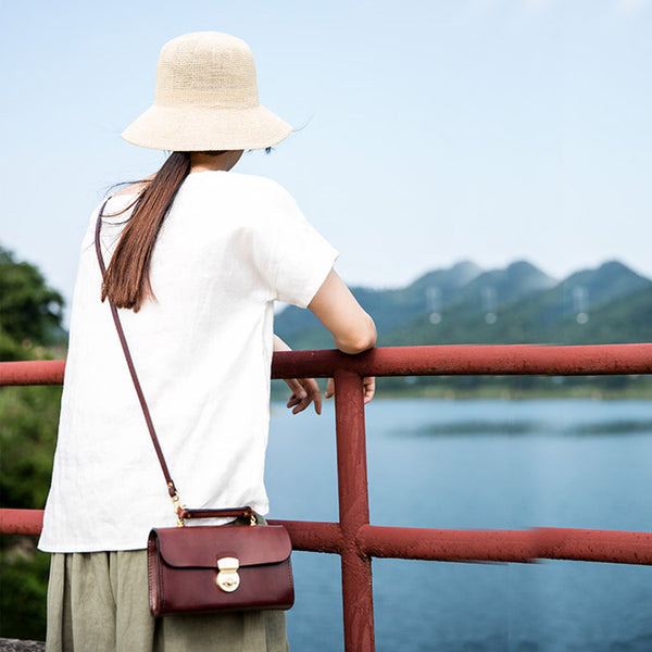 Ladies Vintage Brown Leather Satchel Handbags Small Shoulder Bags for Women