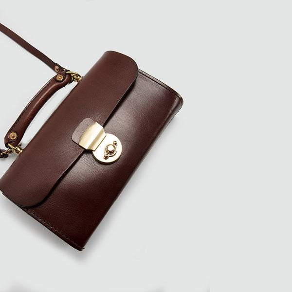 Ladies Vintage Brown Leather Satchel Handbags Small Shoulder Bags for Women funky