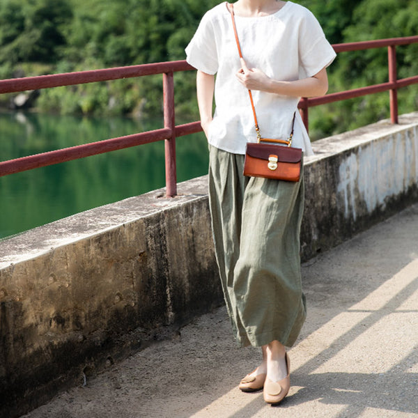 Ladies Vintage Brown Leather Satchel Handbags Small Shoulder Bags