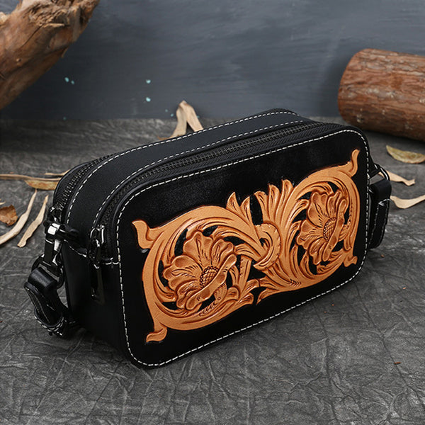 Vintage Ladies Small Tooled Leather Crossbody Bag Side Bags For Women