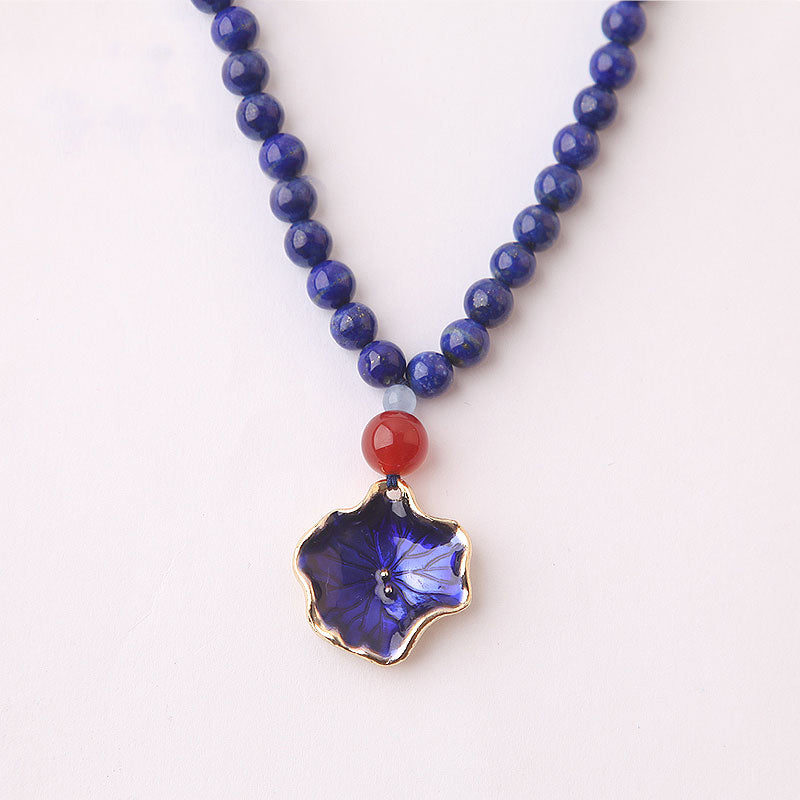 Lapis Lazuli Beaded Pendant Necklace Handmade Gemstone Jewelry Accessories Gift Women