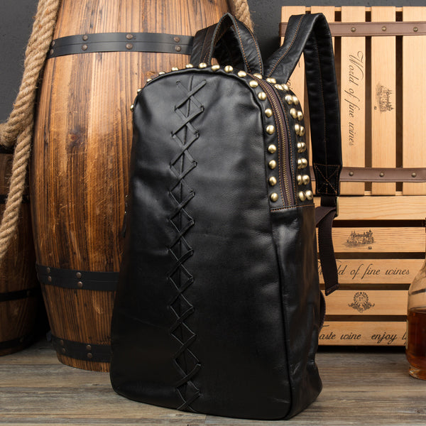 Large Ladies Black Leather Laptop Backpack Western Rivet Backpack Purse Affordable