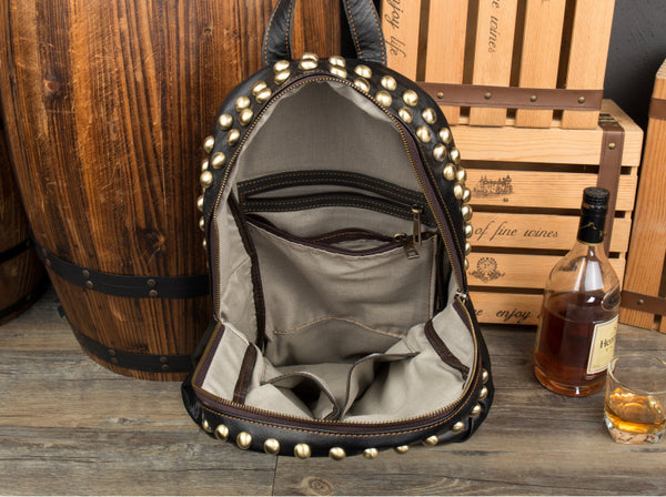 Large Ladies Black Leather Laptop Backpack Western Rivet Backpack Purse Cool