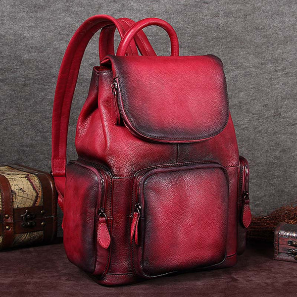 Leather Backpacks Vintage Laptop Backpack School bag Women Red