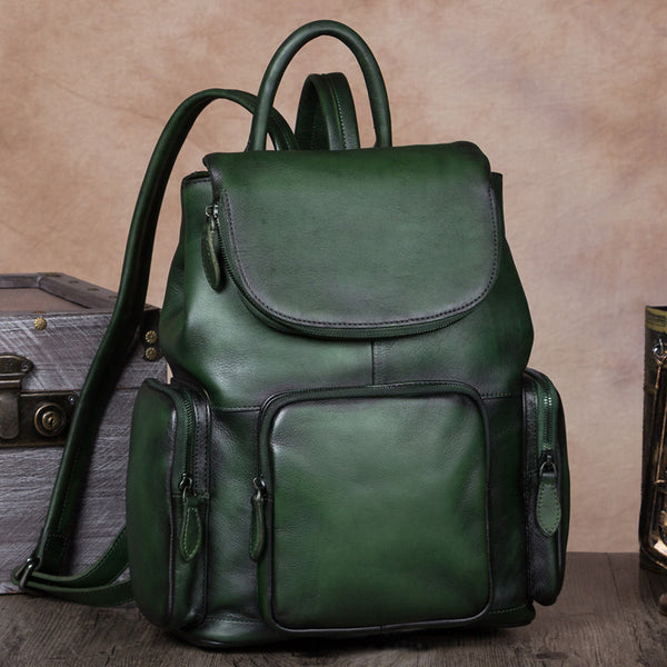 Leather Backpacks Vintage Laptop Backpack School bag Women green