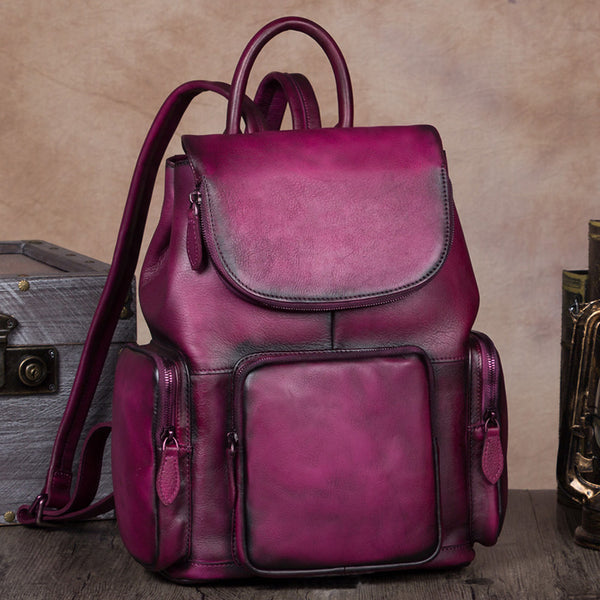 Leather Backpacks Vintage Laptop Backpack School bag Women purple