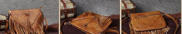 Vintage Boho Bags for Women Western Leather Fringe Purse