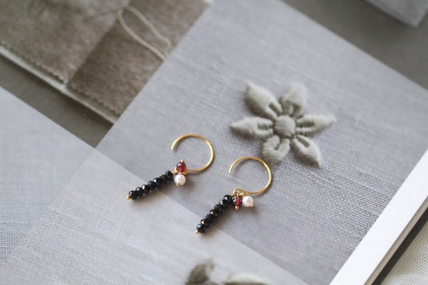 Long 14K Gold Filled Thread Earrings Black Spinel Garnet Pearl Dangle Earrings for Women