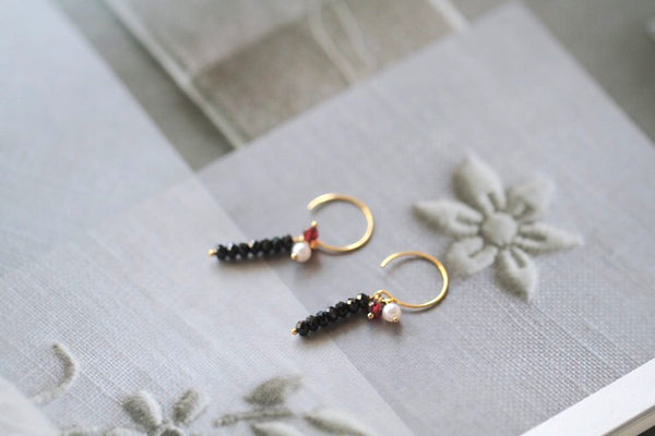 Long 14K Gold Filled Thread Earrings Black Spinel Garnet Pearl Dangle Earrings for Women