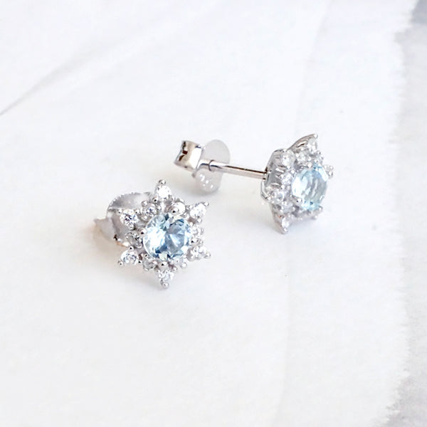 Aquamarine Snowflake Stud Earrings with Diamond Halo in White Gold Plated Sterling Silver