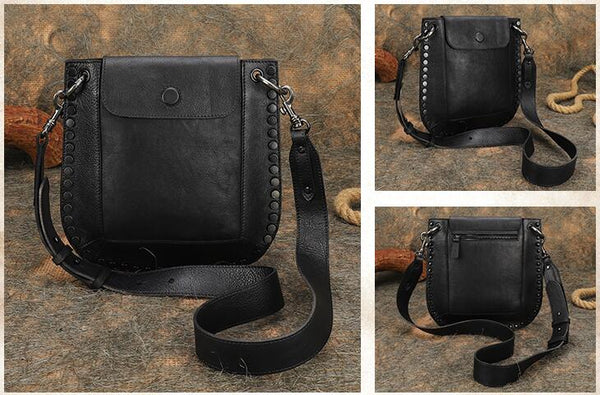 Medium Women's Western Cowhide Leather Crossbody Purse Satchel Bag For Ladies Black