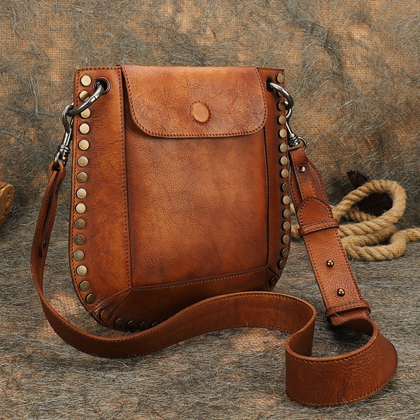 Medium Women's Western Cowhide Leather Crossbody Purse Satchel Bag For Ladies Brown