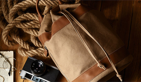 Medium Womens Canvas And Leather Drawstring Backpack Bag Purse Handbags for Ladies Durable