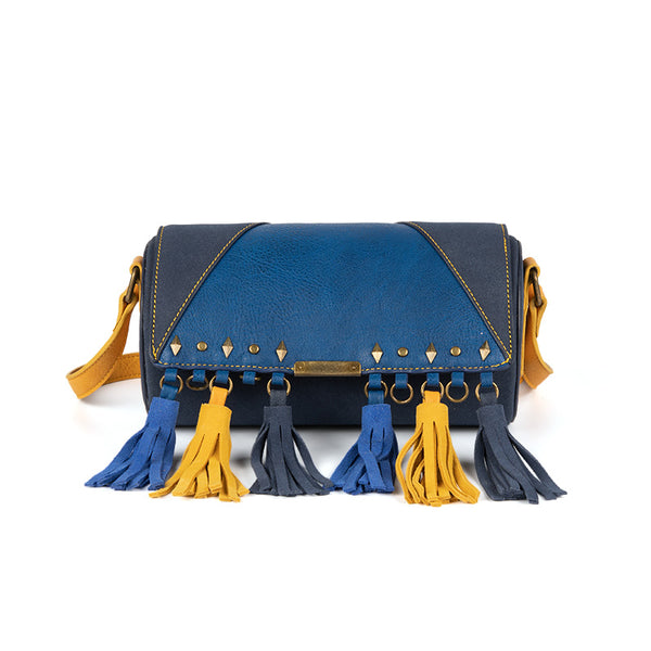 Mini Ladies Blue Faux Leather Fringe Crossbody Bag Barrel Purse Crossbody Boho Bag Accessories