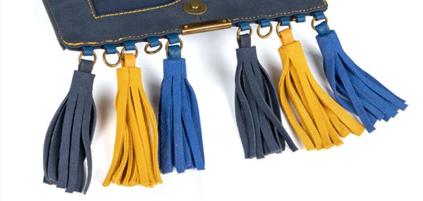 Mini Ladies Blue Faux Leather Fringe Crossbody Bag Barrel Purse Crossbody Boho Bag Details