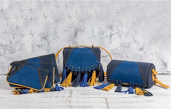 Mini Ladies Blue Faux Leather Fringe Crossbody Bag Barrel Purse Crossbody Boho Bag Fashion