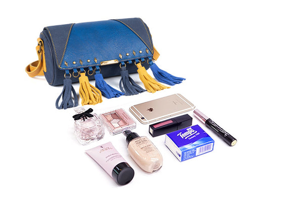 Mini Ladies Blue Faux Leather Fringe Crossbody Bag Barrel Purse Crossbody Boho Bag Gift-idea