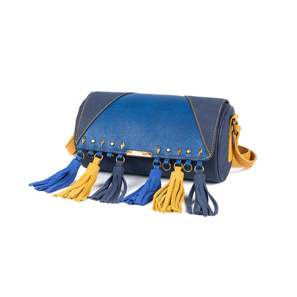 Mini Ladies Blue Faux Leather Fringe Crossbody Bag Barrel Purse Crossbody Boho Bag Girlfriend
