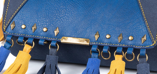 Mini Ladies Blue Faux Leather Fringe Crossbody Bag Barrel Purse Crossbody Boho Bag Handmade