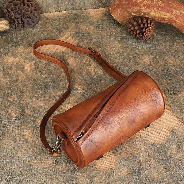 Mini Ladies Cowhide Leather Crossbody Bag Purse Cylindrical Side Bags For Women Brown