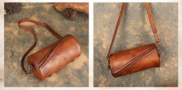 Mini Ladies Cowhide Leather Crossbody Bag Purse Cylindrical Side Bags For Women Handmade