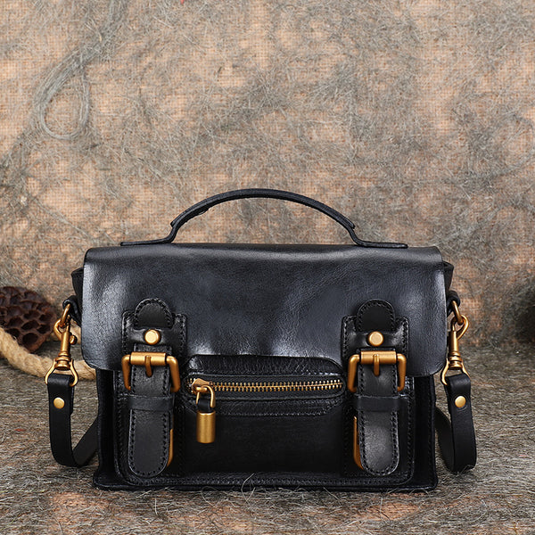 Mini Ladies Leather Crossbody Messenger Bag Satchel Handbags for Women Black
