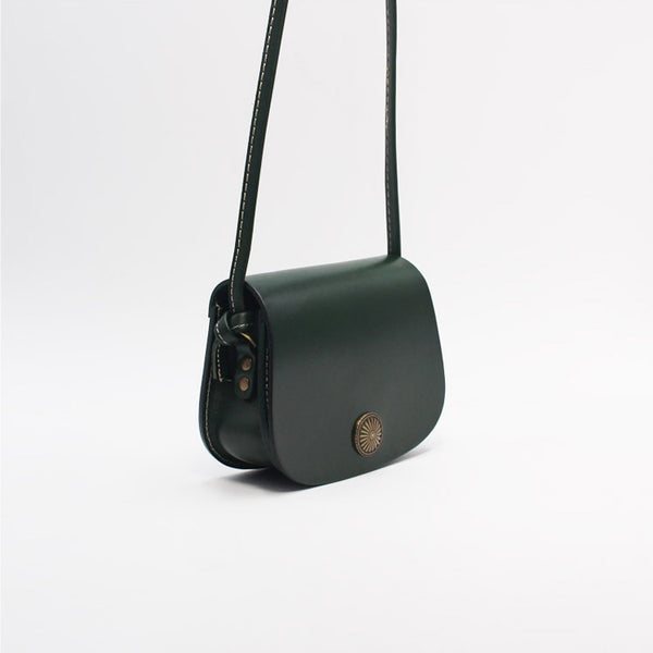 Mini Vintage Handmade Leather Saddle Crossbody Shoulder Round Bag Purses Women Green left