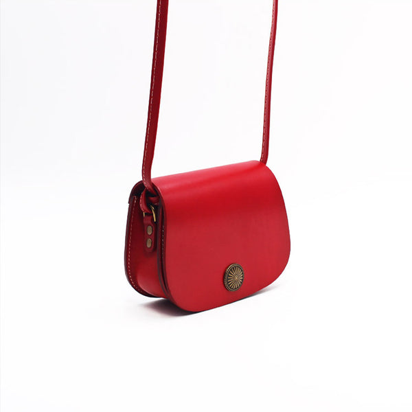Mini Vintage Handmade Leather Saddle Crossbody Shoulder Round Bag Purses Women red left